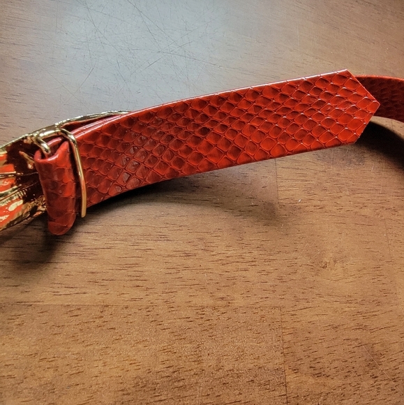 Vintage Red Faux Snakeskin Belt with Gold Tone Metal Leaves - Picture 16 of 16
